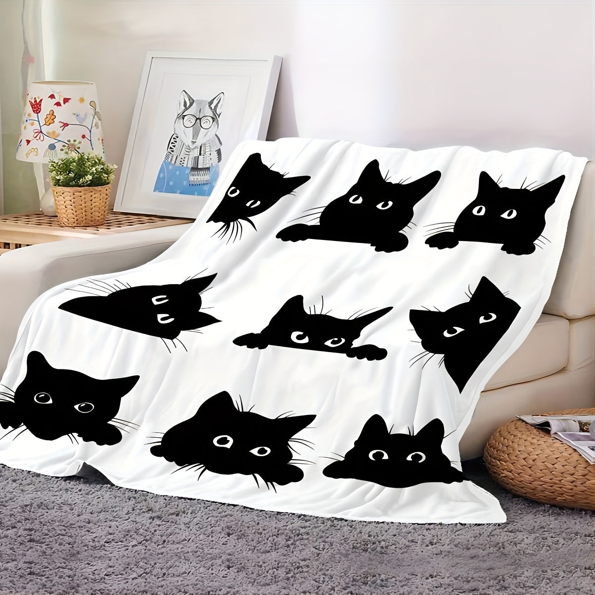 Playful Black Cat Flannel Blanket White Digital Print Soft All-Season Home Travel Decor