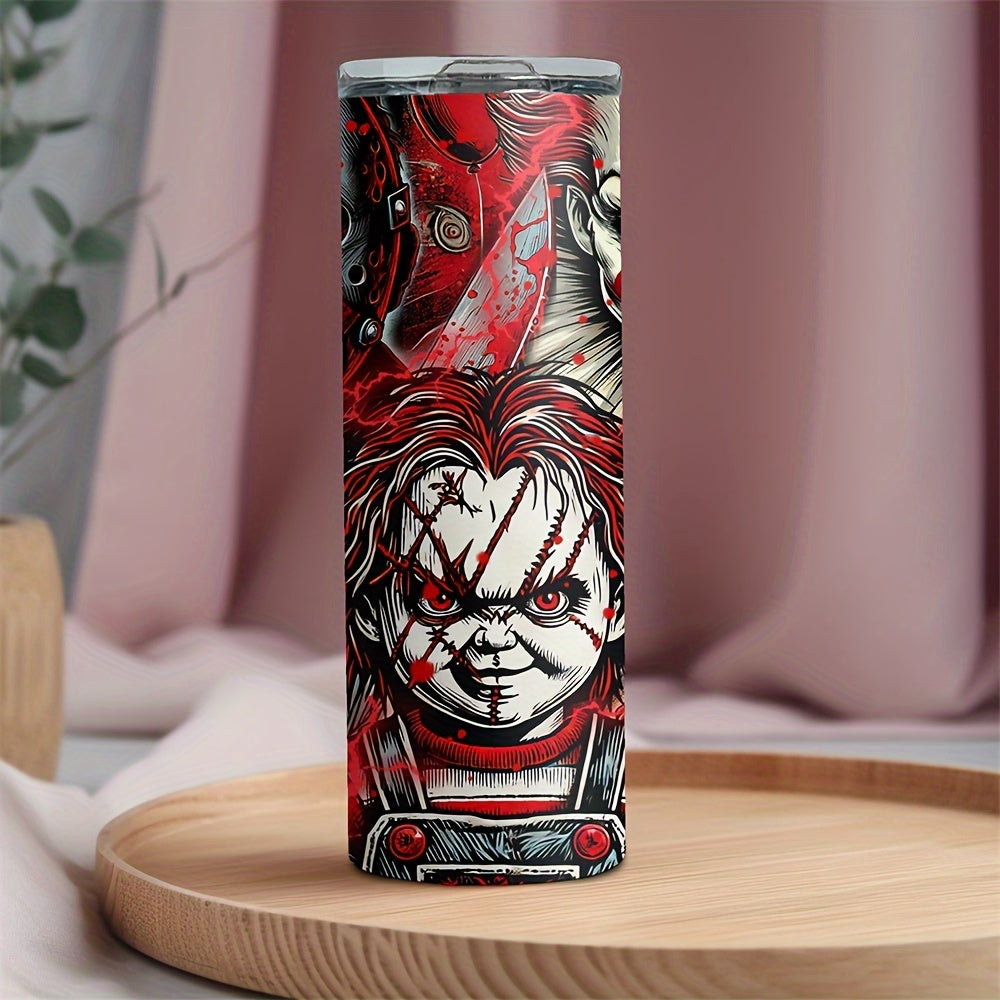 Insulated Stainless Steel Tumbler with Lid (20oz) - Features Michael Myers, Jason, Chucky - Perfect for Cold & Hot Drinks, Halloween Gift
