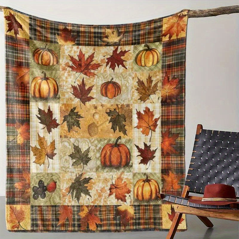 Vintage Maple & Pumpkin Plaid Blanket - Soft Fleece Throw, Machine Washable Warm Gift for Thanksgiving & Christmas