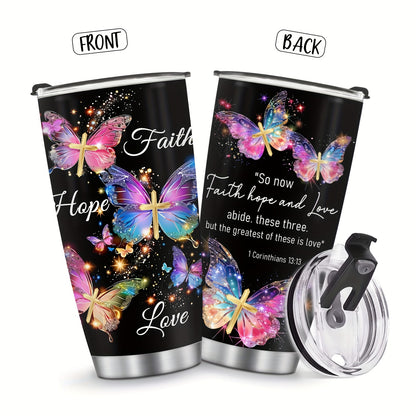Faith Hope Love Tumbler 20oz - Christian Insulated Mug with Butterfly Galaxy & Cross Design, Bible Verse Gift for Women, Christmas Thanksgiving Mother's Day Present