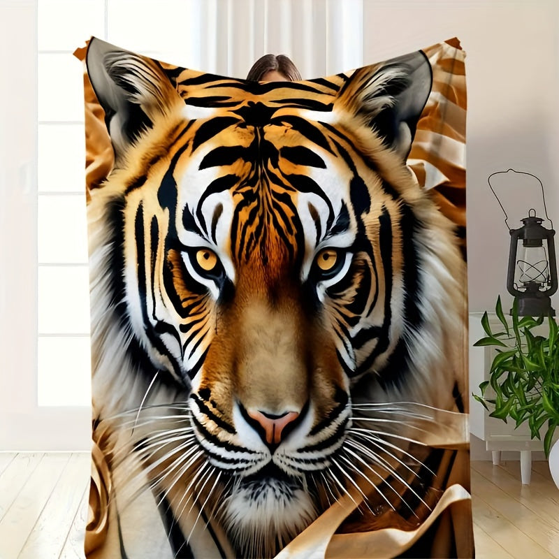 Tiger Print Flannel Throw Blanket - Soft & Warm Animal Pattern Blanket for Couch, Camping, All Season Use, Cozy Home Decor and Outdoor Adventure Gift