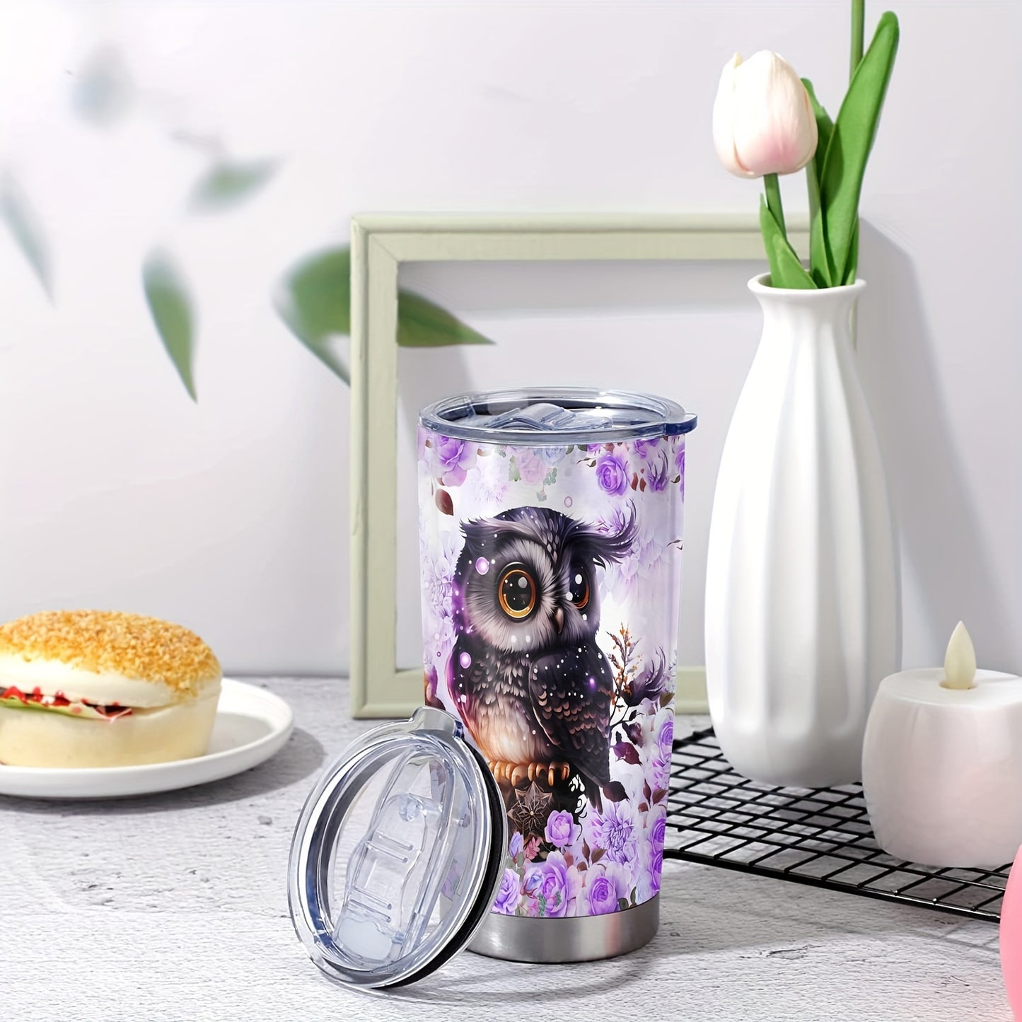 20oz Double-Wall Vacuum Insulated Stainless Steel Tumbler with Lid - Cute Owl Print Design - Keeps Drinks Hot & Cold - Perfect Travel Mug, Tea Cup, Gift