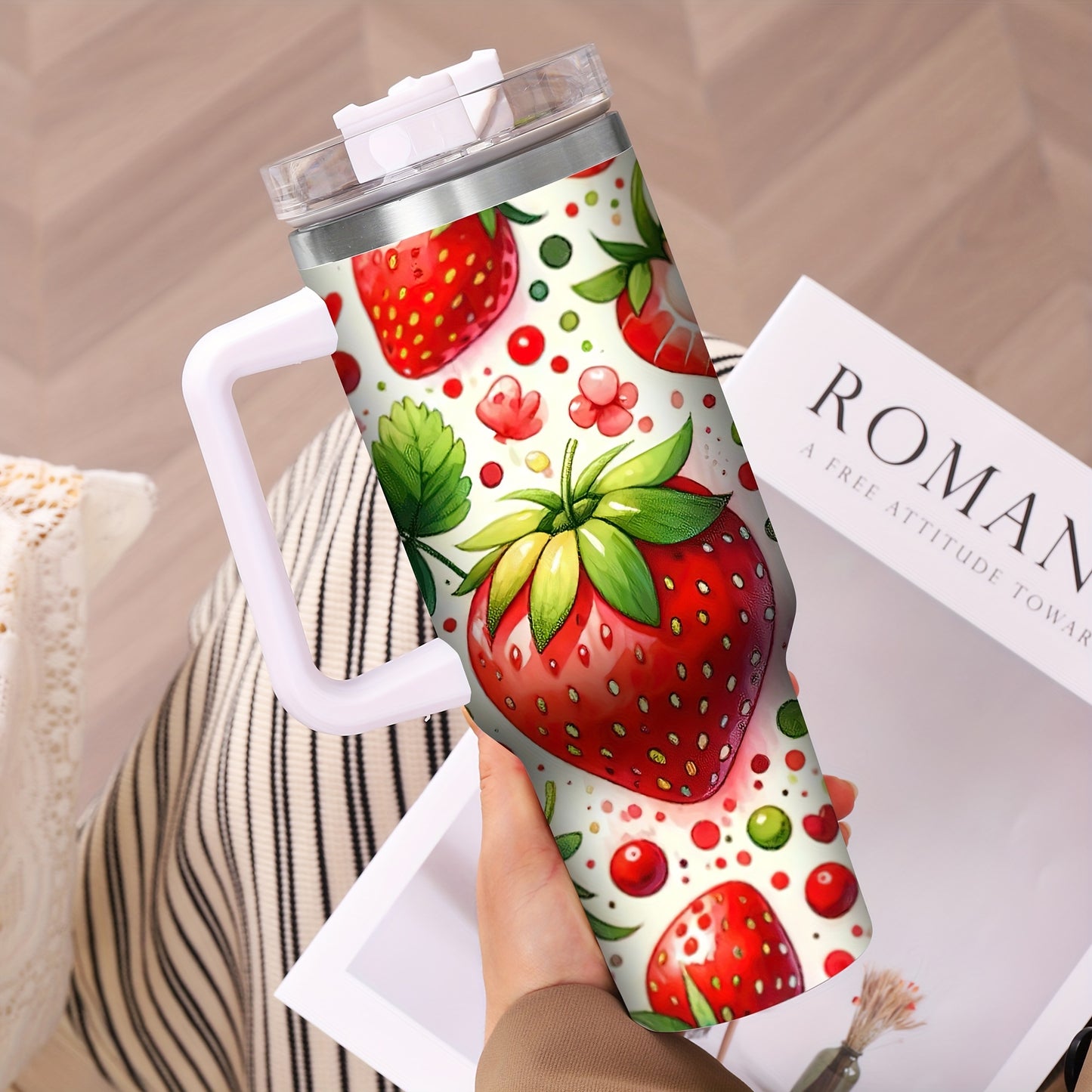 40oz Stainless Steel Tumbler with Handle - Christmas Strawberry Design, Insulated Reusable Cup for Hot/Cold Drinks, Holiday Gift