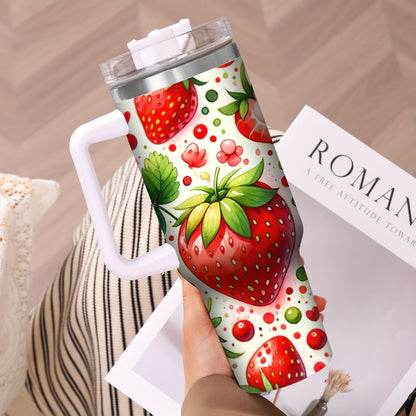 40oz Stainless Steel Tumbler with Handle - Christmas Strawberry Design, Insulated Reusable Cup for Hot/Cold Drinks, Holiday Gift