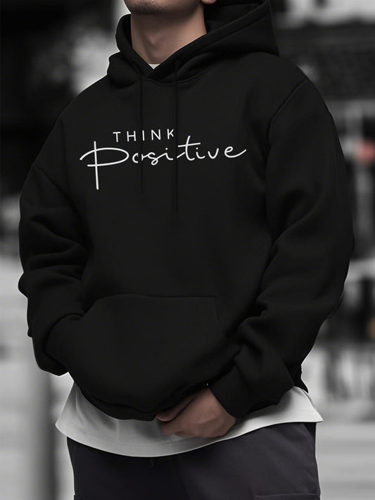 Men's Geometric Print Hoodie - Black Urban Casual Pullover with Positive Slogan, Comfortable Hooded Sweatshirt for Streetwear & Daily Wear