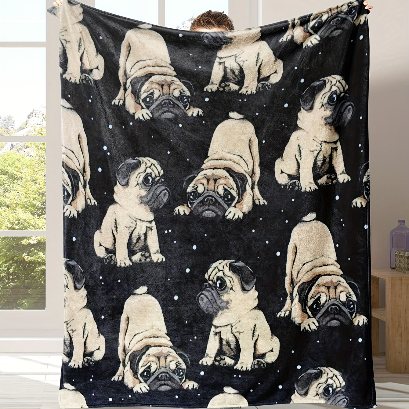 Dog Lover Gift Blanket - Adorable Pug Print on Plush Fleece, Hypoallergenic, Easy Care Machine Washable, Cozy Multi-Use Throw for Indoor Outdoor