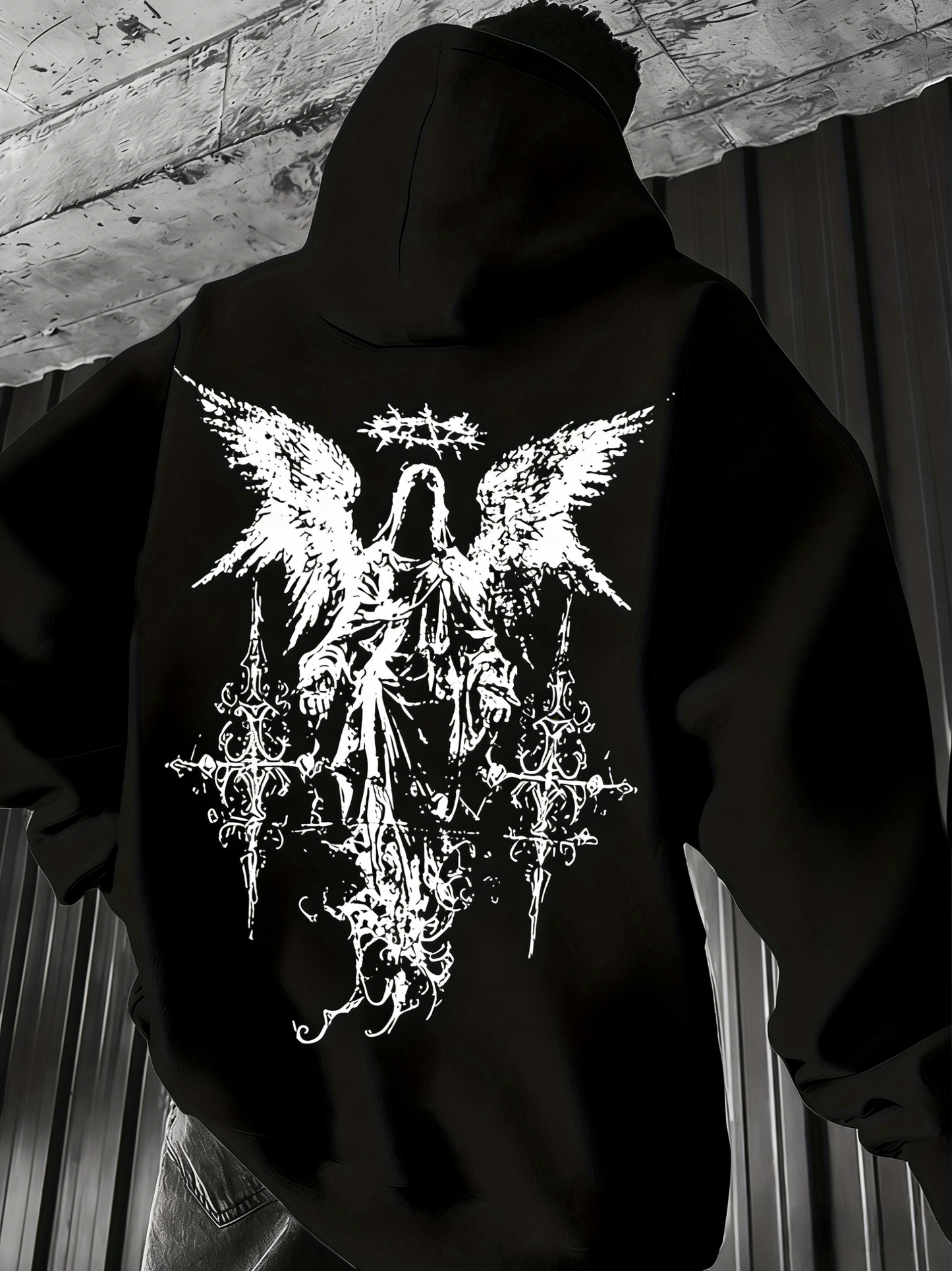 Street Guardian Hoodie - Men‘s Minimalist Angel Emblem on Solid Color, Oversized Hip Hop Pullover with Attitude