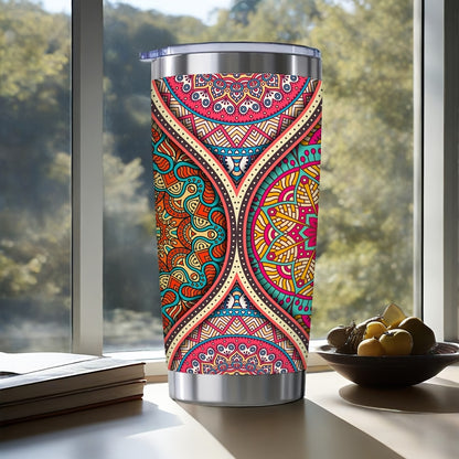 20oz Mandala Insulated Travel Mug - Vibrant Colorful Thermos Cup with Leak-Proof Lid, Keeps Drinks Hot & Cold for Hours - Perfect Gift for Office, Sports, Yoga, Valentines & Mothers Day