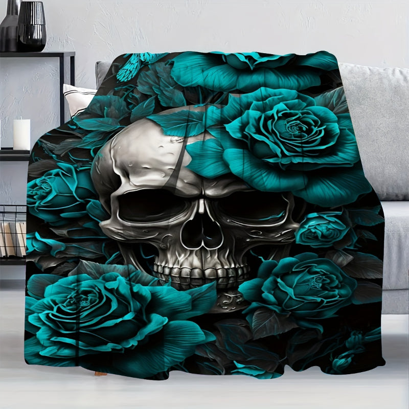 Gothic Skull & Dark Rose Flannel Blanket | Turquoise Accent, Soft All-Season Throw Blankets