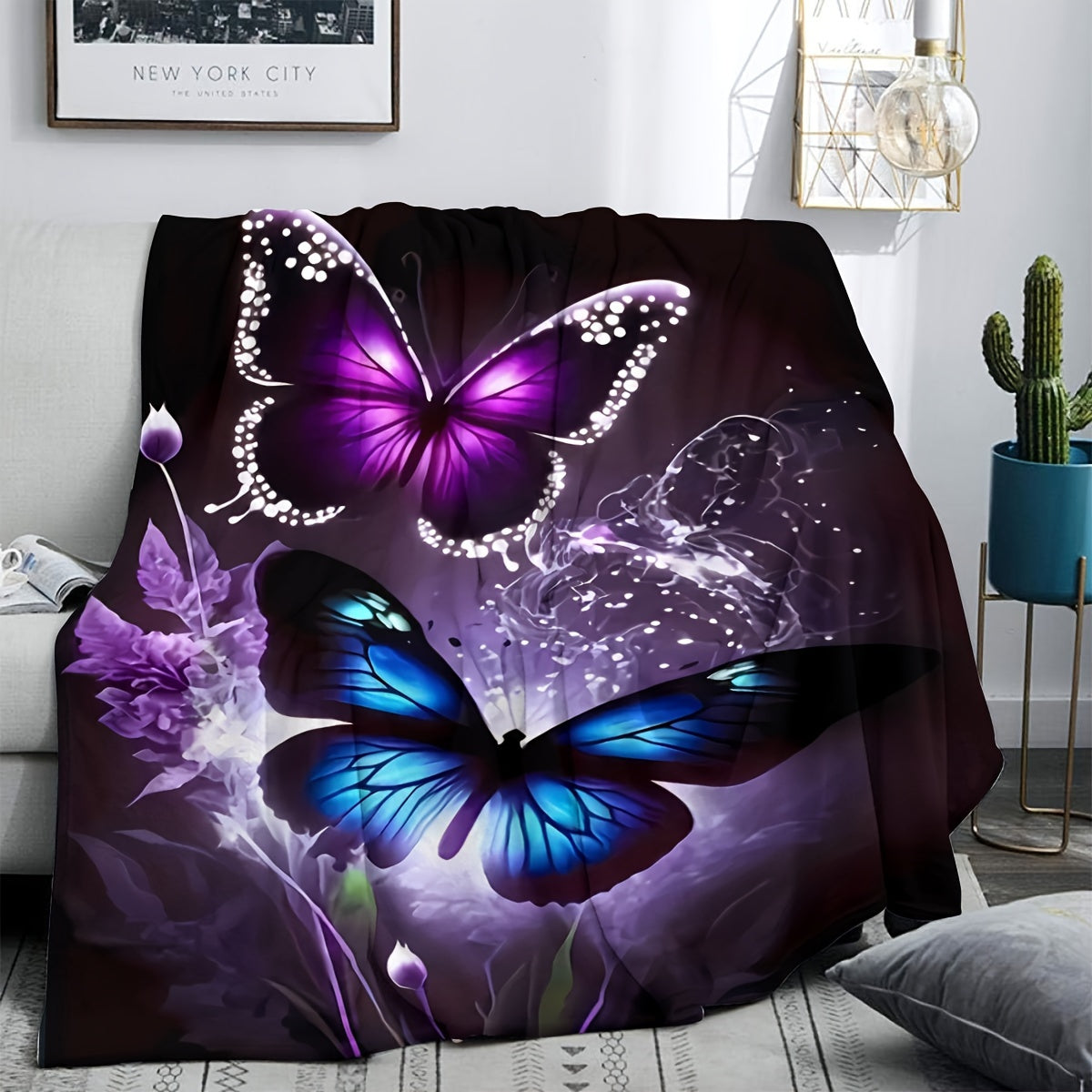 Butterfly Purple Floral Flannel Blanket - Enchanted Garden Print, Lightweight & All-Season for Boho Bedroom, Picnics, Festival & Cozy Camping