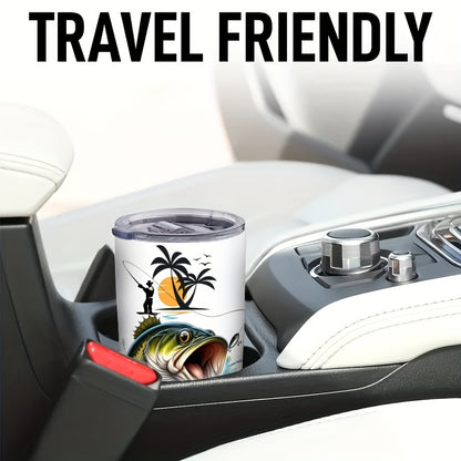 Eat Sleep Fish Repeat 20oz Travel Mug - Insulated Stainless Steel Tumbler with Clear Lid, Double Wall Vacuum for Hot & Cold Drinks - Perfect Fishing Gift for Anglers, Men, Dad - Coffee Tea Outdoor Cup