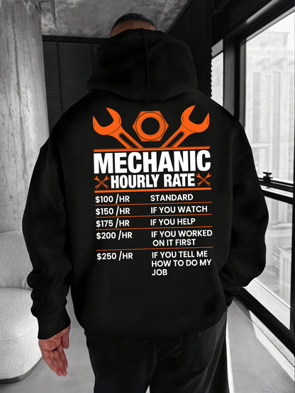 "Clock's Running" Mechanic Hoodie - Labor Day Graphic with Hourly Rate Print | Men's Workwear Inspired Streetwear with Kangaroo Pocket