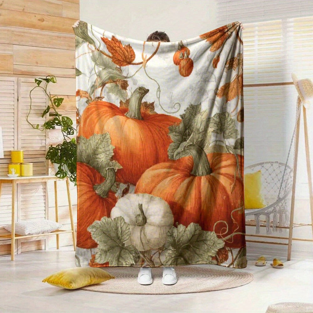 Halloween Home Decor Gift - Pumpkin & Leaf Fall Flannel Blanket in Cozy Warm Tones, Machine Washable
