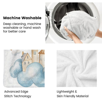 Cozy Flannel Throw Blanket with Hot Air Balloon & Cloud Design | Soft, Lightweight & Warm for All Seasons | Perfect for Couch, Bed, Travel & Gifts