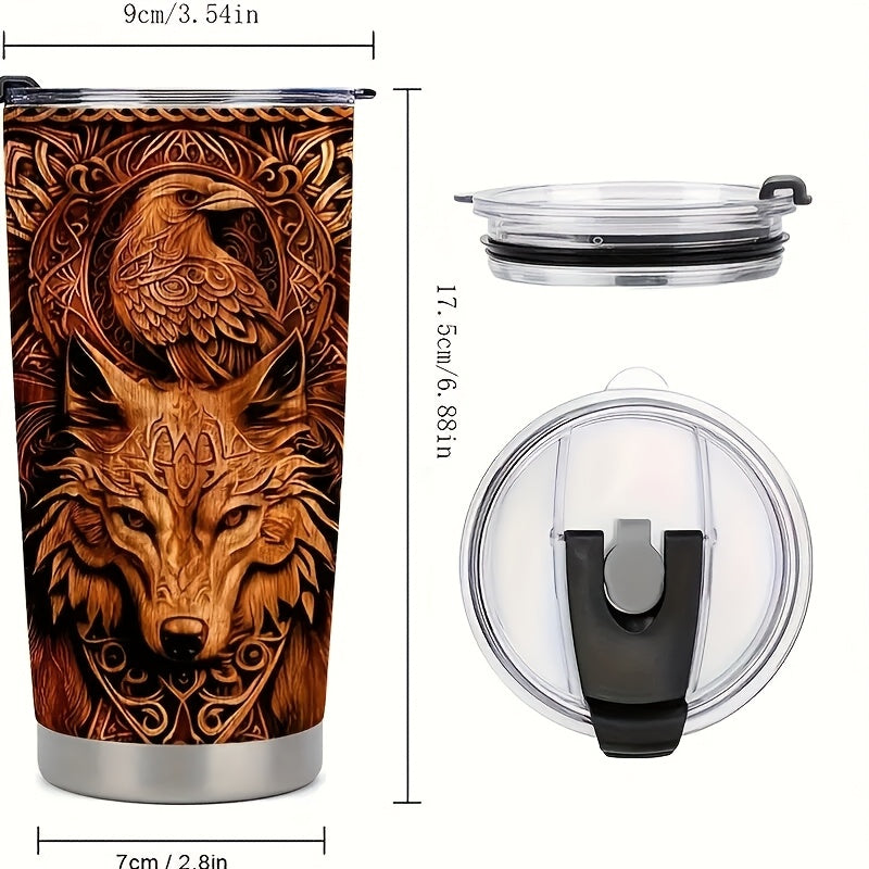 Viking Wolf & Raven Art Tumbler - 20oz Stainless Steel Insulated Cup, Dishwasher Safe & Shatterproof - Perfect Coffee Mug for Home, Travel, and Holiday Gifts (Christmas, Halloween, Easter)