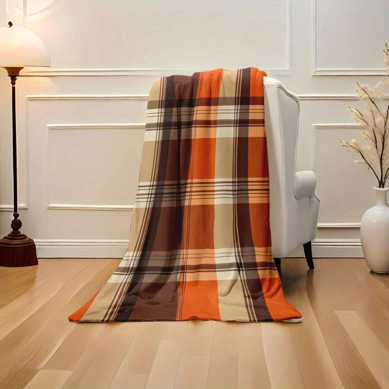 Halloween & Christmas Gift Blanket - Cozy Orange-Brown Plaid, Machine Washable 4-Season Throw for Home Travel
