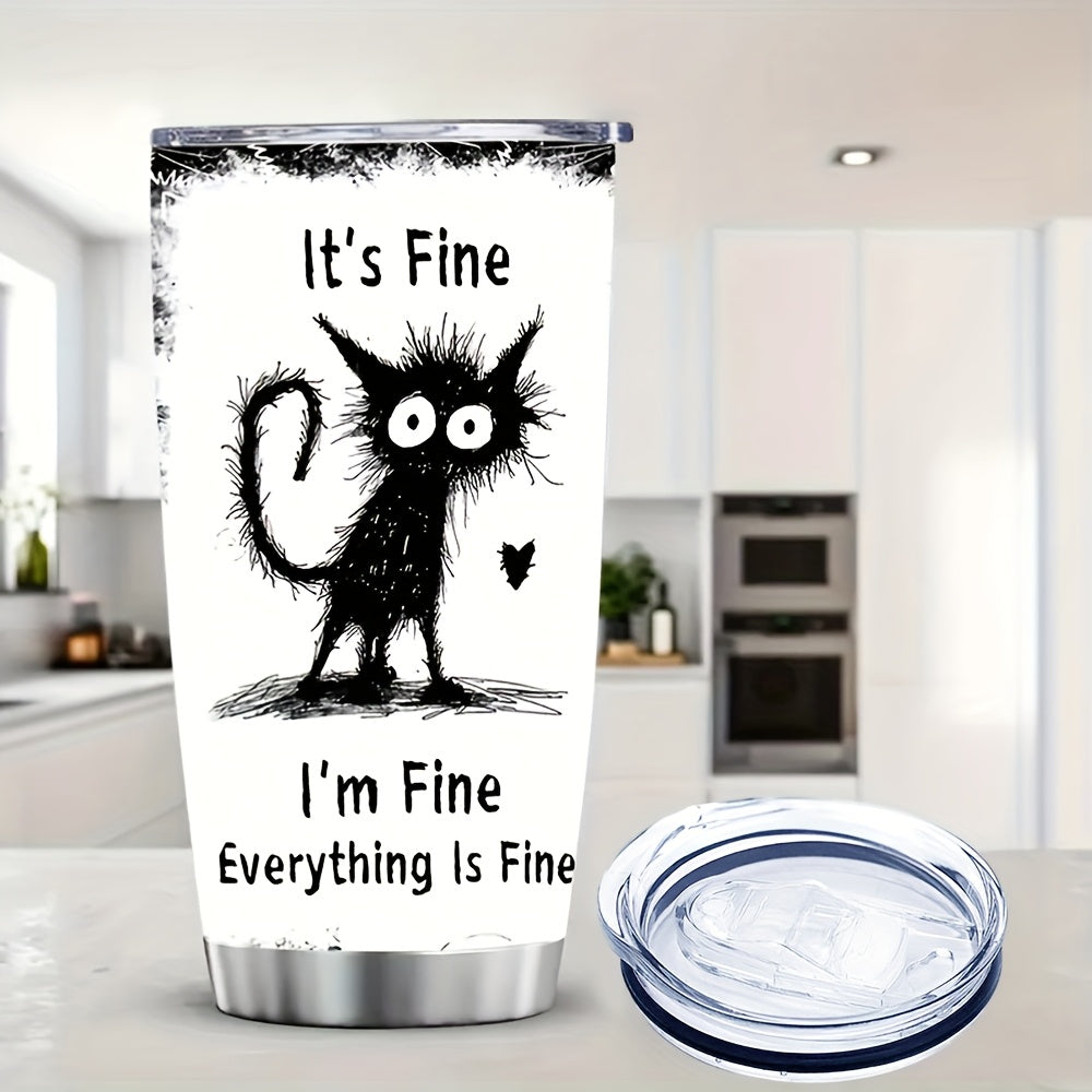 Whimsical Black Cat Tumbler 20oz - Stainless Steel Insulated Travel Mug with Straw, Wide Mouth Slip-Resistant Grip, Perfect for Cat Lovers & Outdoor Adventures