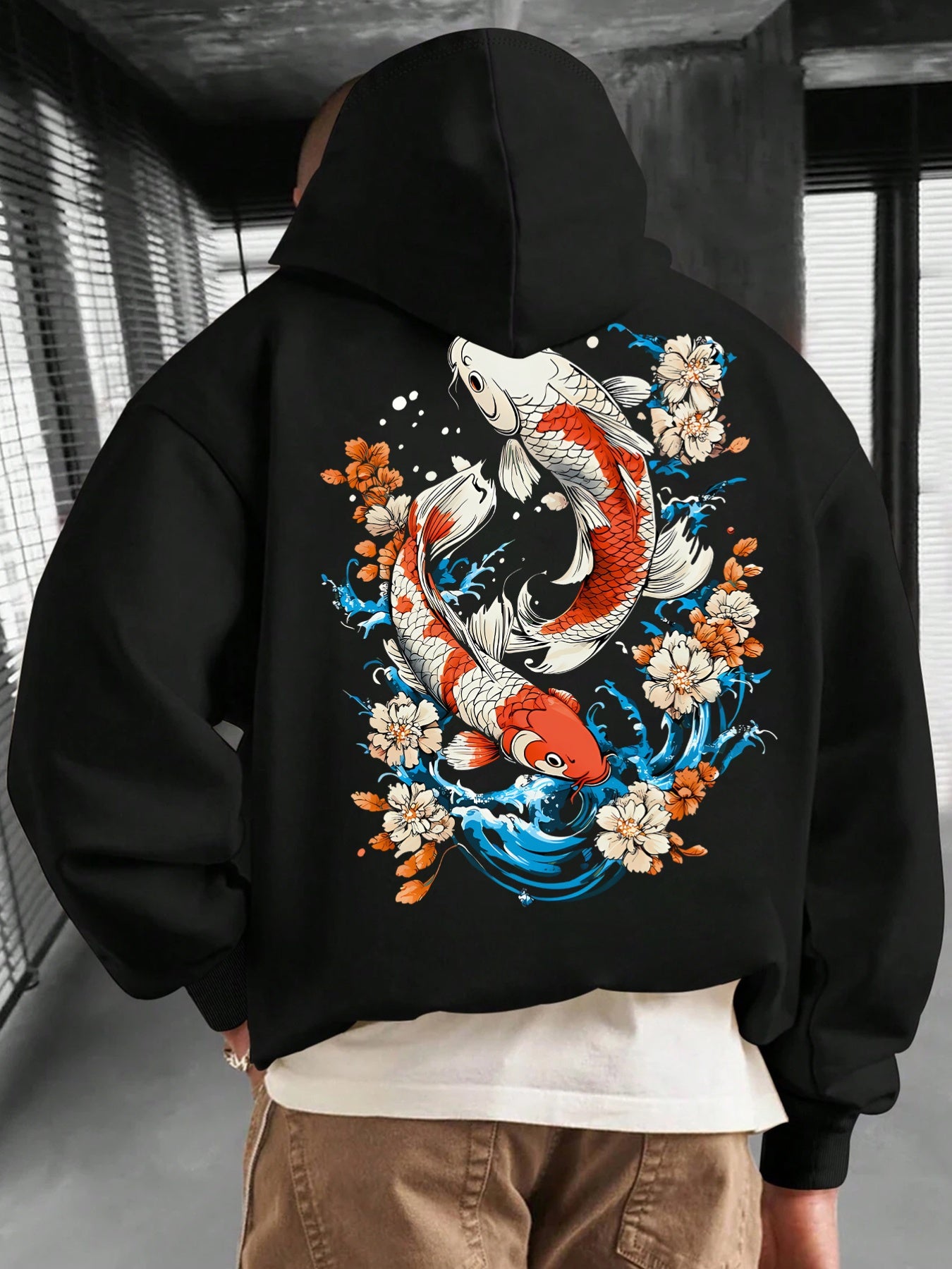 Japanese Koi Print Men's Hoodie - Carp Graphic Pullover with Kangaroo Pocket, Warm Fall Winter Streetwear Sweatshirt, Drawstring Hood