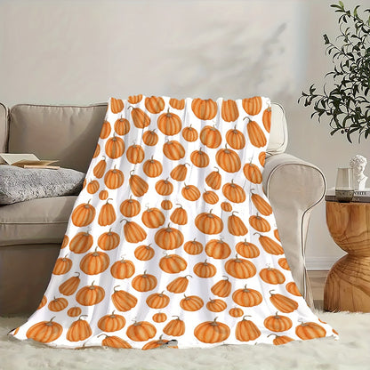 Cozy Fall & Winter Blanket - Pumpkin Print Flannel Throw, Soft Warm Machine Washable Gift for Thanksgiving Christmas