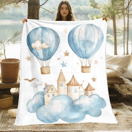 Cozy Flannel Throw Blanket with Hot Air Balloon & Cloud Design | Soft, Lightweight & Warm for All Seasons | Perfect for Couch, Bed, Travel & Gifts