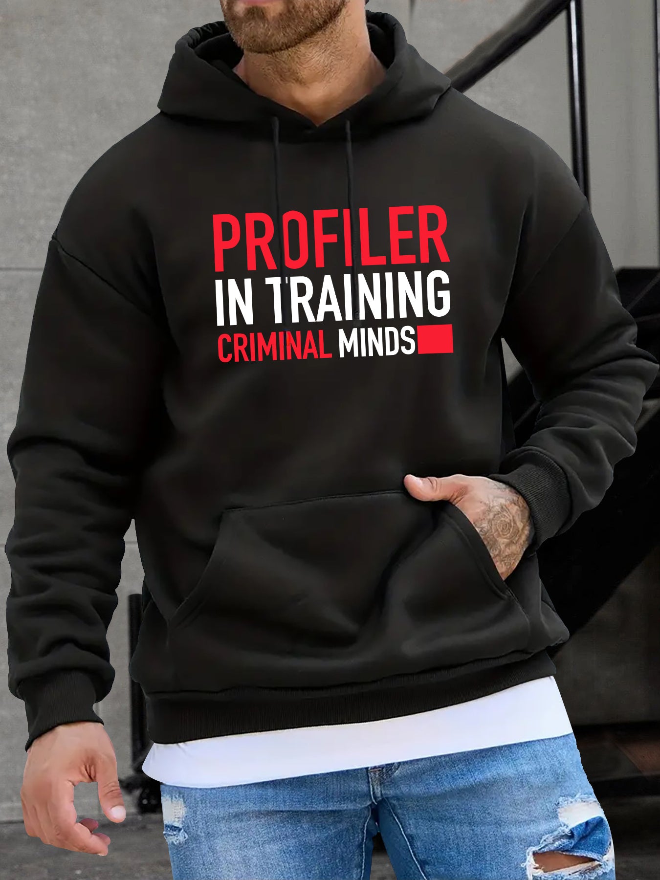 Men's Minimalist Typography Hoodie - Oversized Letter Graphic Pullover with Kangaroo Pocket | Essential Streetwear Layer