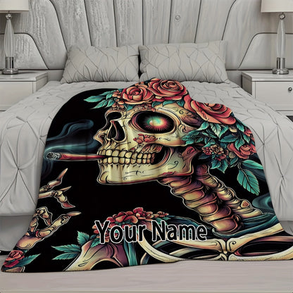 Gothic Skull & Rose Flannel Blanket - Custom Name Print, Soft Halloween & Christmas Gift
