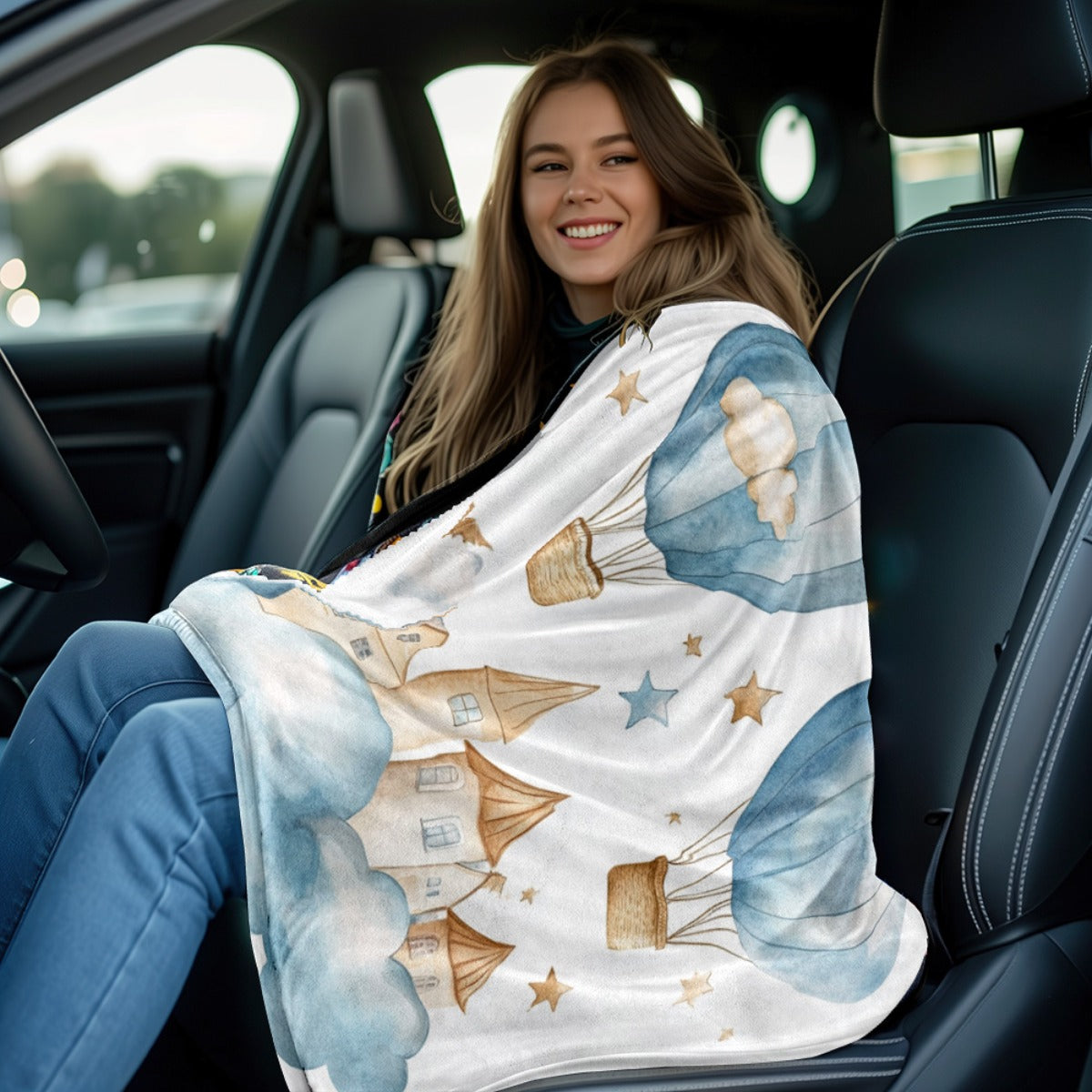 Cozy Flannel Throw Blanket with Hot Air Balloon & Cloud Design | Soft, Lightweight & Warm for All Seasons | Perfect for Couch, Bed, Travel & Gifts