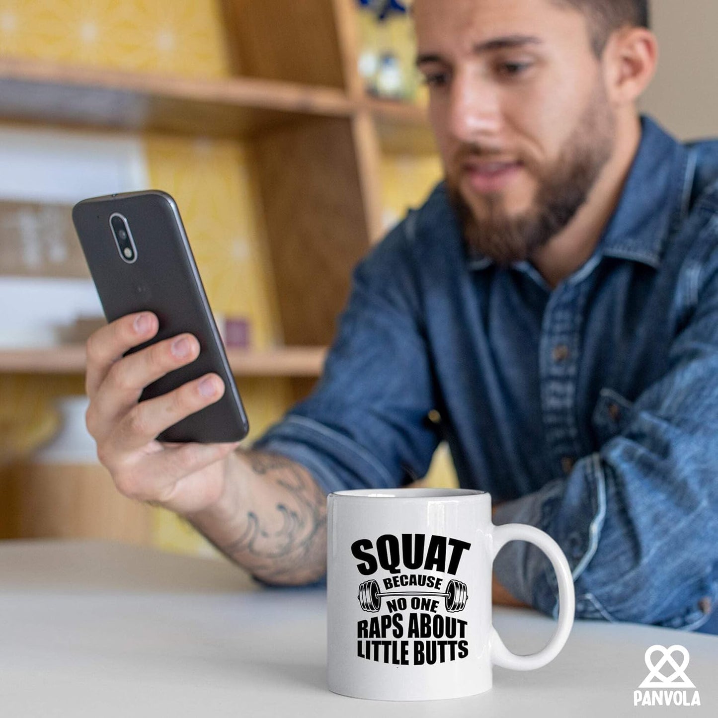 11oz Funny Gym Gift Mug - "Squat Because No One Raps About Little Butts" for Fitness Coach & Lifters