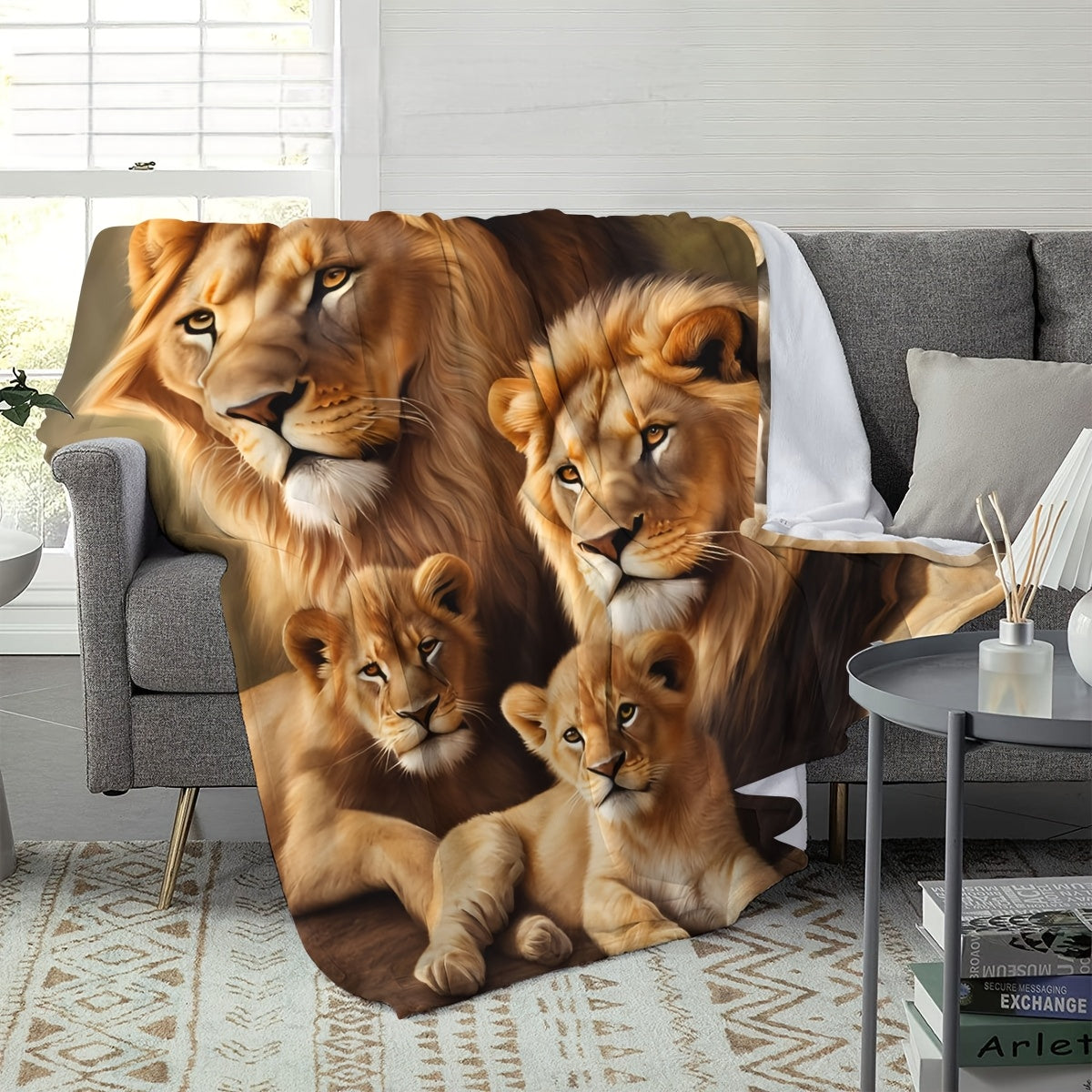 Majestic Lion Print Flannel Blanket - HD Realistic Wildlife Design, Ultra Soft & Warm, All-Season Multi-Use Throw for Sofa, Camping, Luxe Gift