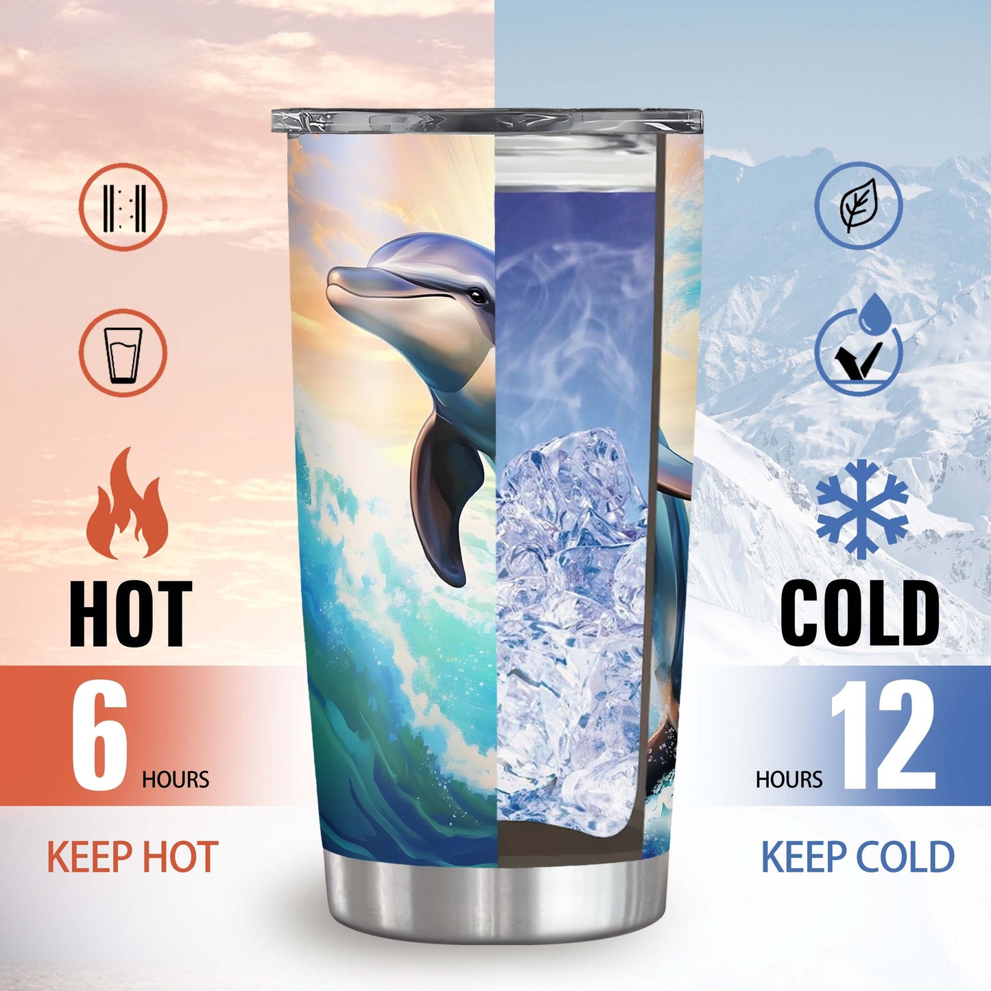 Dolphin Print 20oz Insulated Tumbler - Stainless Steel Travel Mug with Leak-Proof Lid, Double Wall Vacuum - BPA-Free Ocean Waves Design, Perfect Gift for Dolphin Lovers, Family & Friends