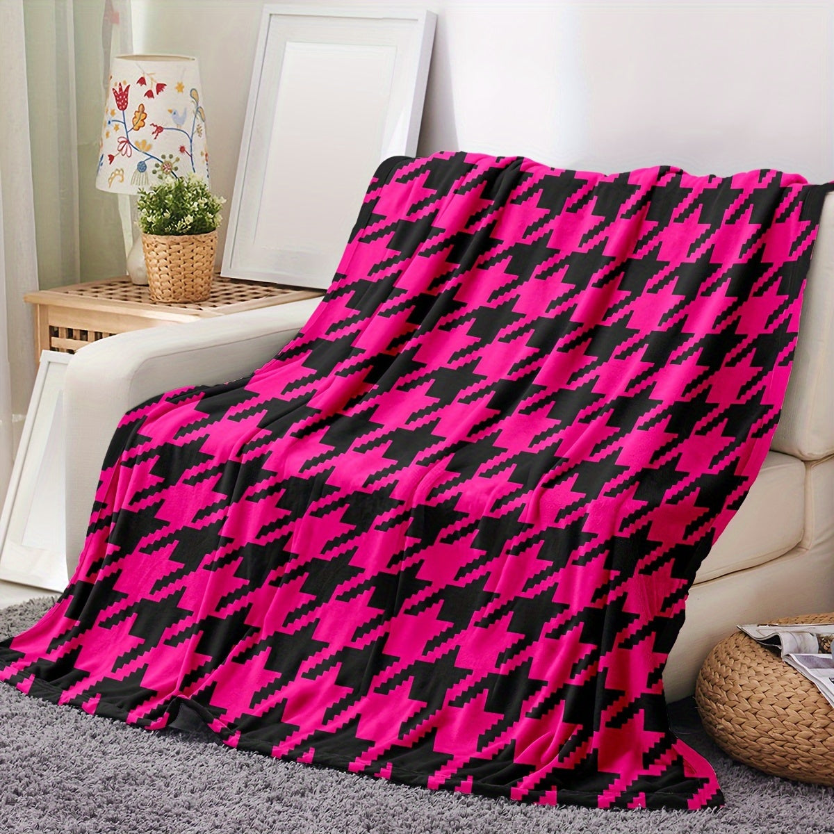Modern Houndstooth Flannel Throw - Lightweight & All-Season, Classic Pattern Reimagined for Sofa, Office, Camping & Contemporary Home Decor