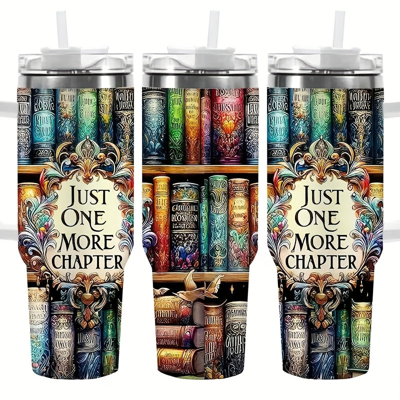 40oz Stainless Steel Car Tumbler - Printed Vibrant Bookshelf Art, Double-Wall Vacuum Insulated Coffee Mug, Christmas Gift