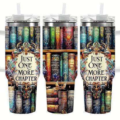 40oz Stainless Steel Car Tumbler - Printed Vibrant Bookshelf Art, Double-Wall Vacuum Insulated Coffee Mug, Christmas Gift