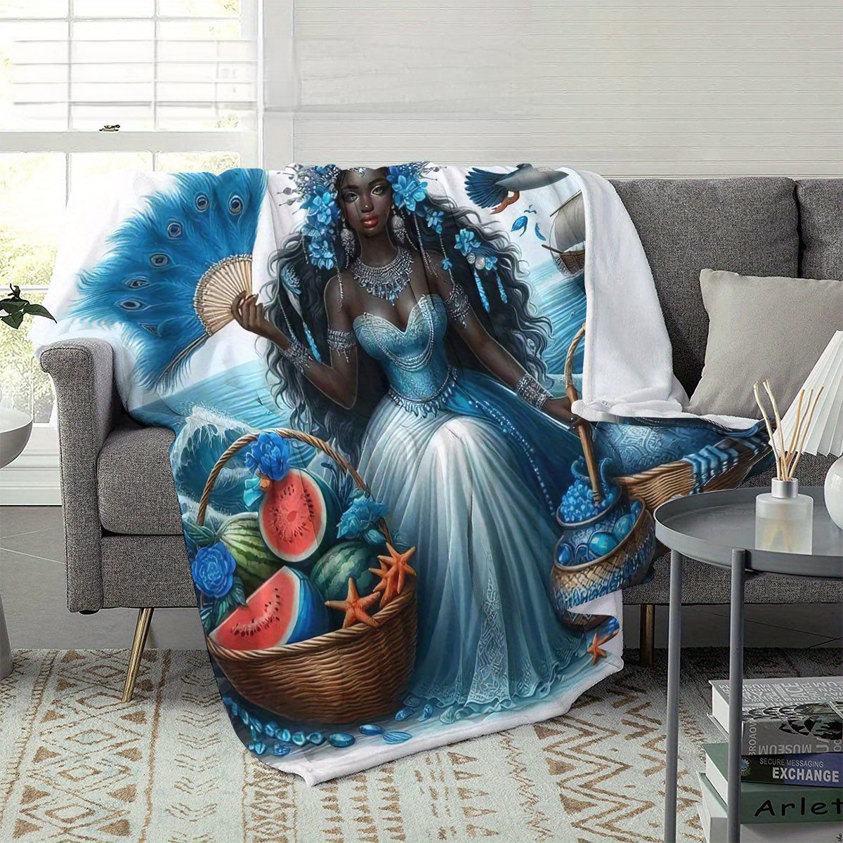 Boho Peacock & Starfish Flannel Blanket - HD Vibrant Print, Lightweight & Colorful for Beach Travel, Festival Gear & Boho Chic Home Decor