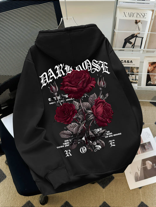 Men's Vampire Goth Hoodie - Burgundy Color with Detailed Rose and Horse Print, BARON VIBES Text, Hooded Pullover for Dark Alternative Fashion