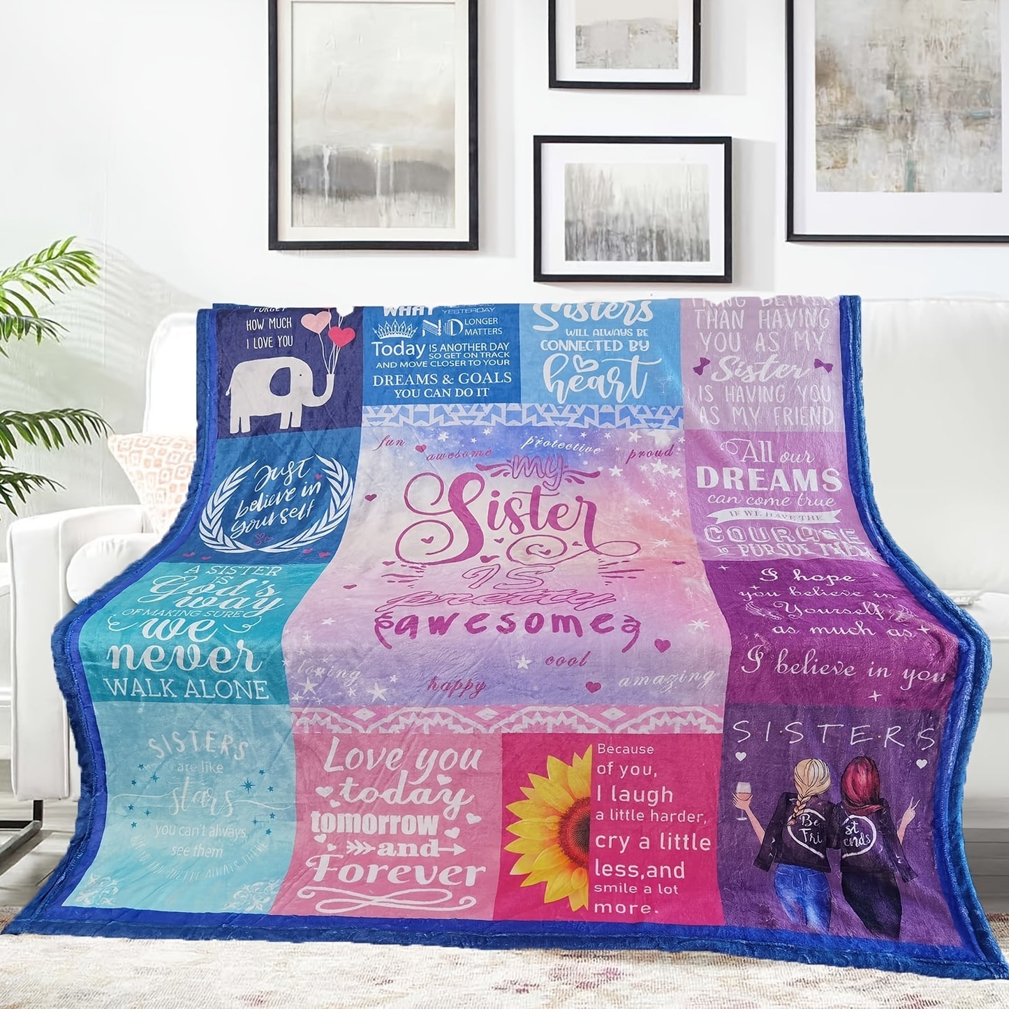 Sunflower & Elephant Blanket for Sisters - Cozy Symbol of Love & Support | Soft Flannel Throw, Perfect Gift for Sister‘s Birthday, Christmas, or Just Because