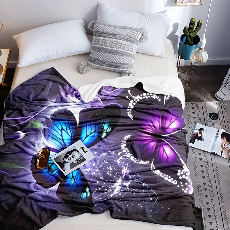 Butterfly Purple Floral Flannel Blanket - Enchanted Garden Print, Lightweight & All-Season for Boho Bedroom, Picnics, Festival & Cozy Camping
