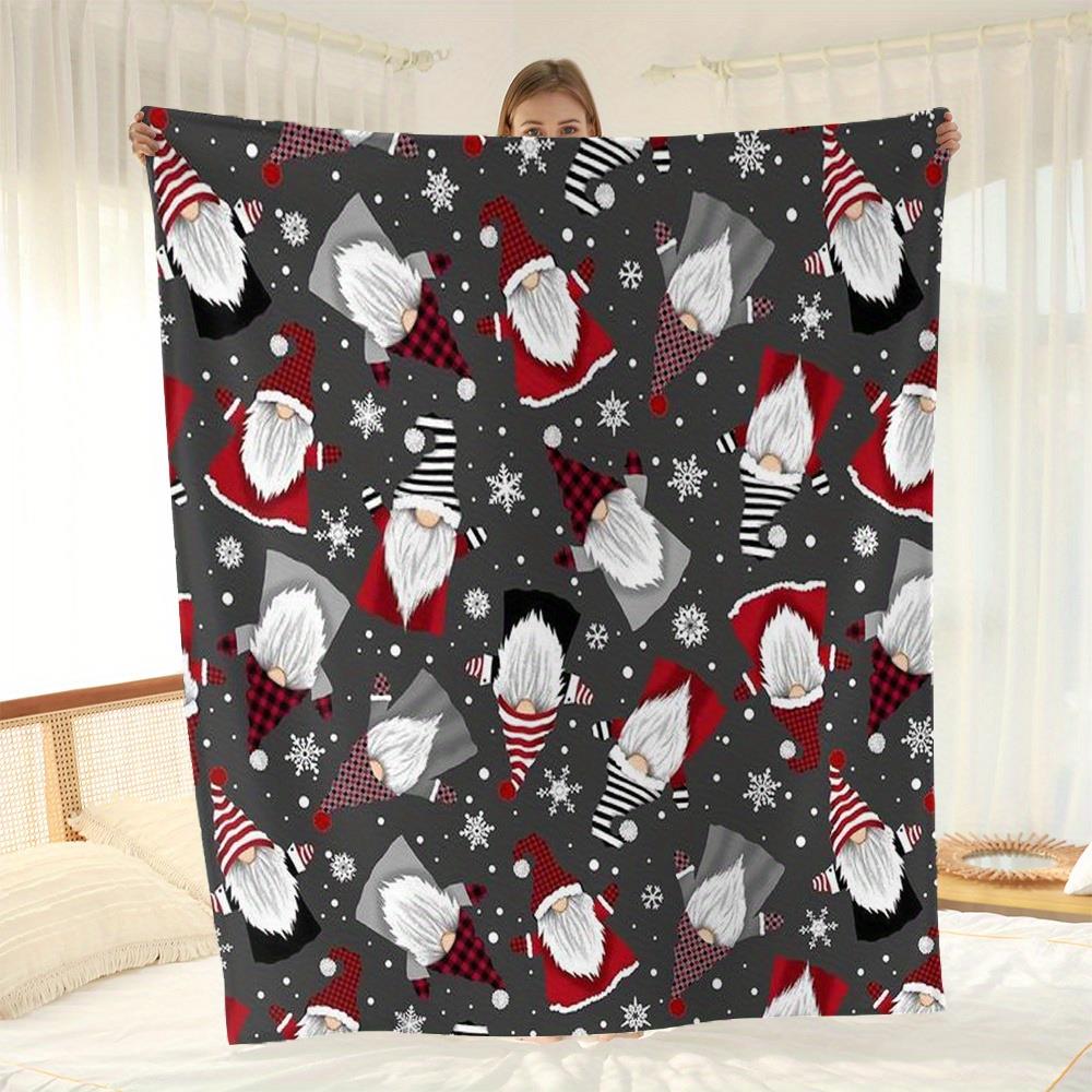 Red & Black Plaid Gnome Blanket - Christmas Flannel Throw with Snowflakes, Cozy Sofa Bed Gift