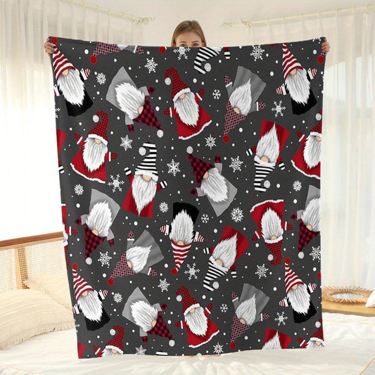 Red & Black Plaid Gnome Blanket - Christmas Flannel Throw with Snowflakes, Cozy Sofa Bed Gift