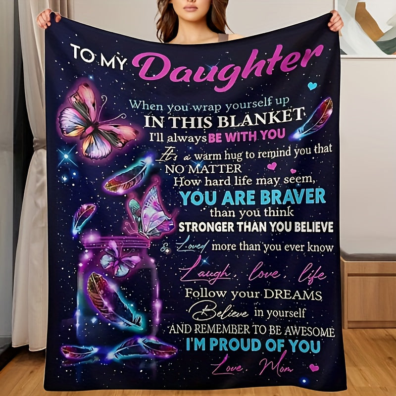 Mother to Daughter Butterfly Gift - Inspirational 'Love & Wings' Flannel Throw, Soft Companion for Sofa, Travel & Life