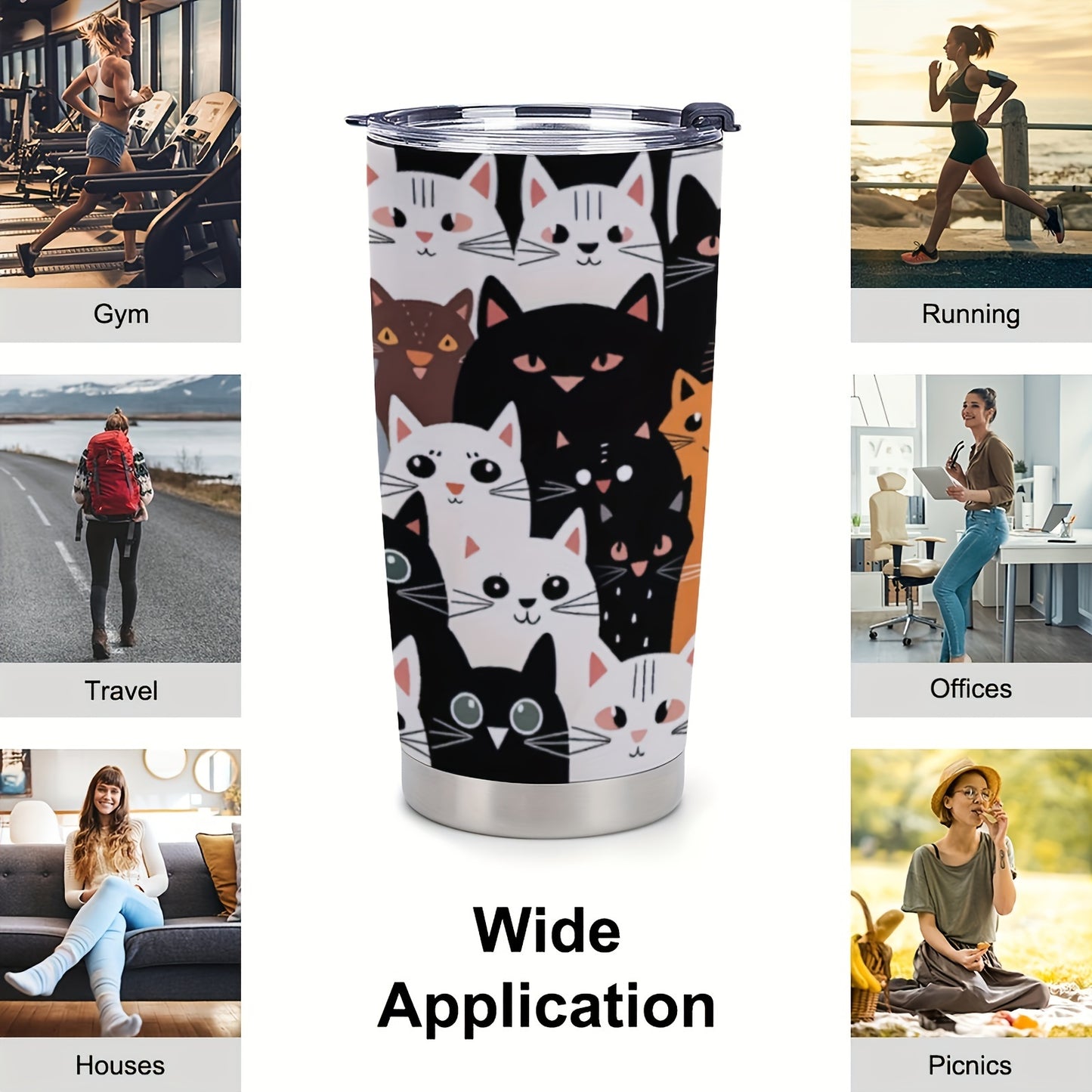 Stainless Steel Tumbler 20oz with Cat Print - Double-Walled Vacuum Insulated Travel Coffee Mug for Car Cup Holder, Leak-Proof Outdoor Cup