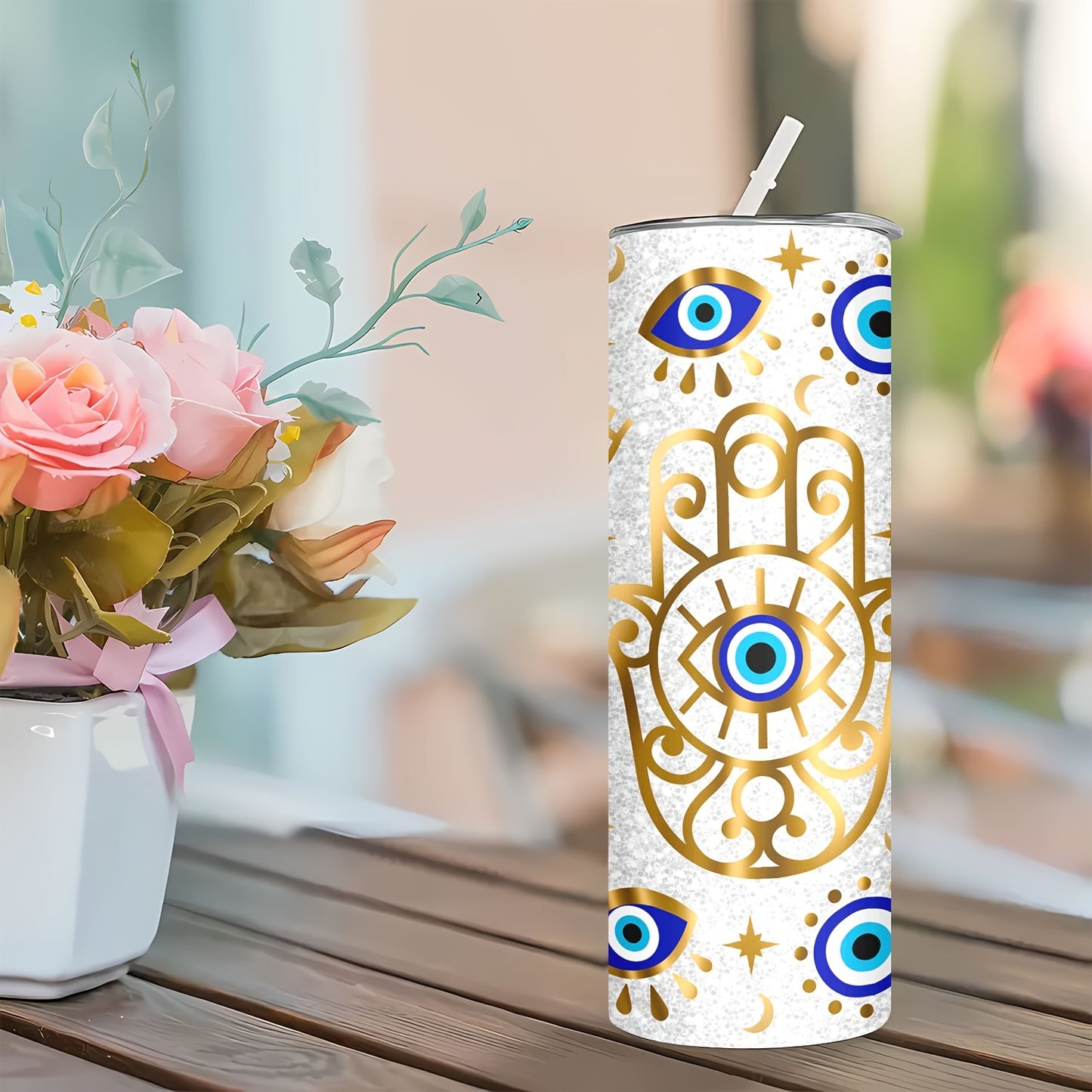 Hamsa & Evil Eye Tumbler 20oz - Stainless Steel Vacuum Insulated Cup with Straw | Protective Symbol Design, Keeps Drinks Hot/Cold, Perfect Travel Gift