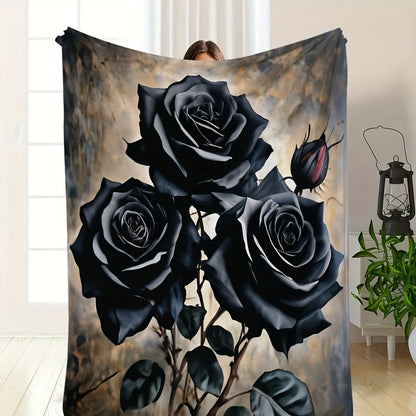 Black Rose Flannel Throw Blanket - Soft All Season Polyester Blanket, Machine Washable Lightweight for Couch, Bed, Office, Cozy Home Decor Gift