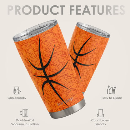 Basketball Insulated Tumbler 20oz - Stainless Steel Travel Mug with Non-Slip Grip, Sport Cup for Games & Training, Gift for Players, Coaches, Fans