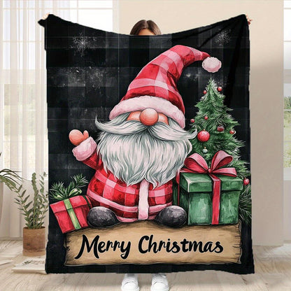 Gnome & Christmas Tree Flannel Blanket - Festive Red, Green & Gold Print, Machine Washable Sofa Bed Throw & Gift
