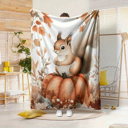 Whimsical Squirrel & Pumpkin Flannel Blanket - Rustic Orange & Brown Farmhouse Style, Nature Lovers Gift