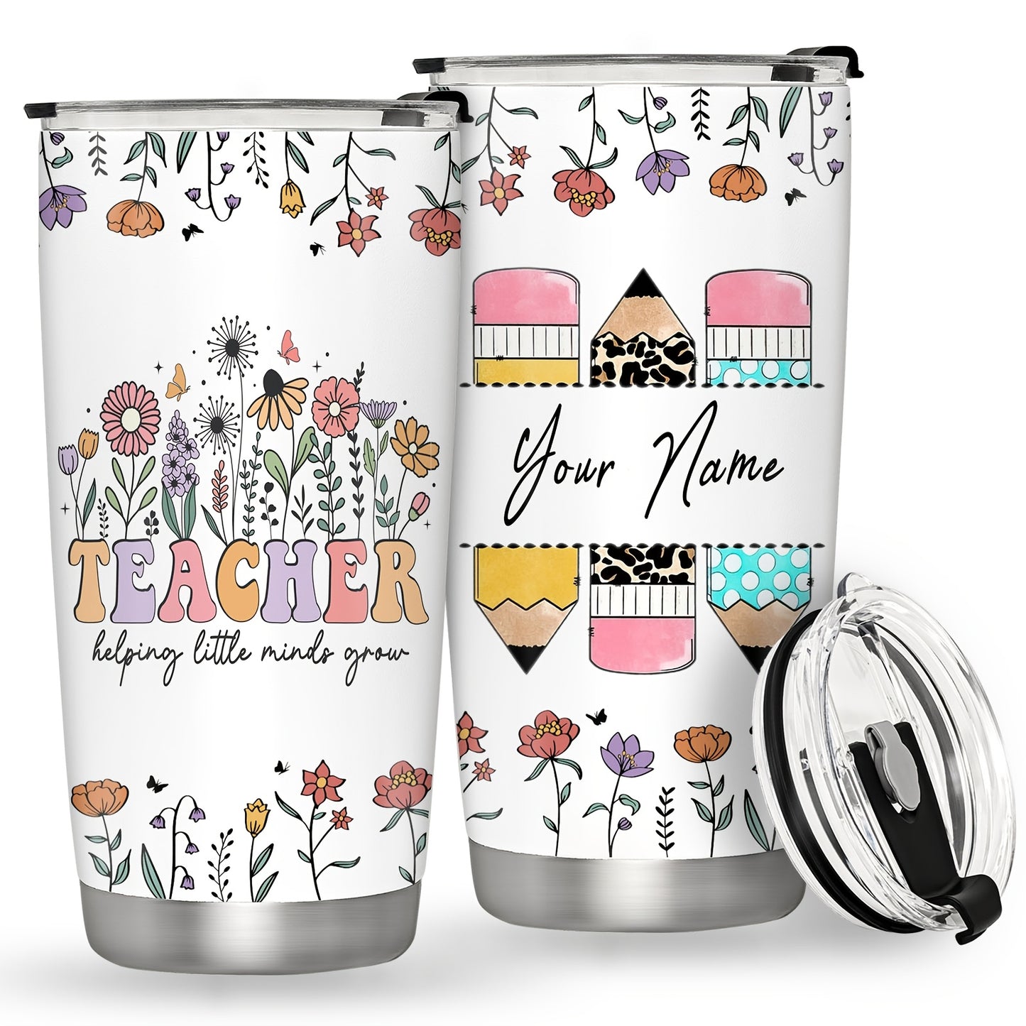 Personalized Teacher Tumbler - Custom Name 20oz Insulated Stainless Steel Mug | Floral & Pencil Design for Teacher Appreciation, Back to School & End of Year Gifts from Students