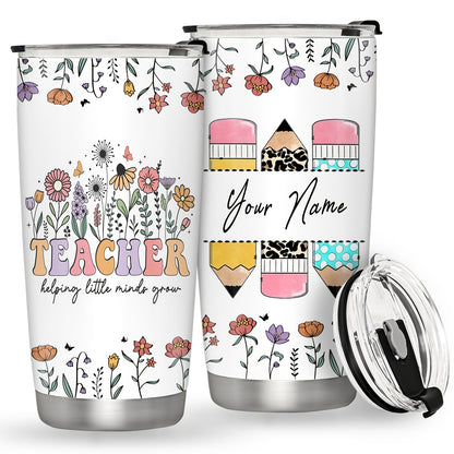 Personalized Teacher Tumbler - Custom Name 20oz Insulated Stainless Steel Mug | Floral & Pencil Design for Teacher Appreciation, Back to School & End of Year Gifts from Students