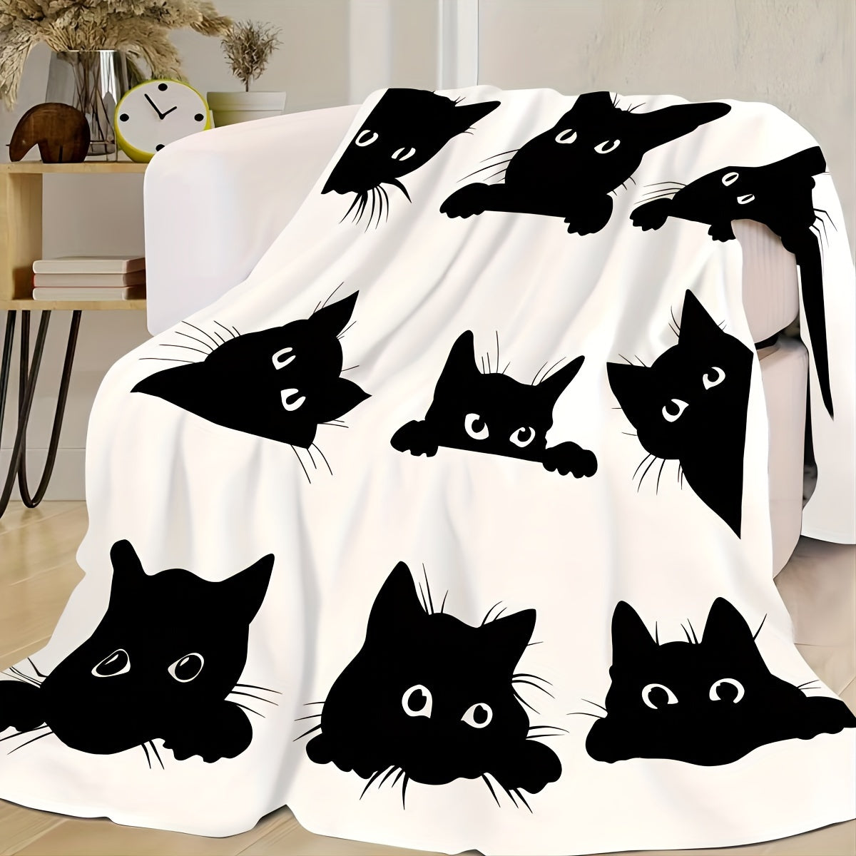 Playful Black Cat Flannel Blanket White Digital Print Soft All-Season Home Travel Decor
