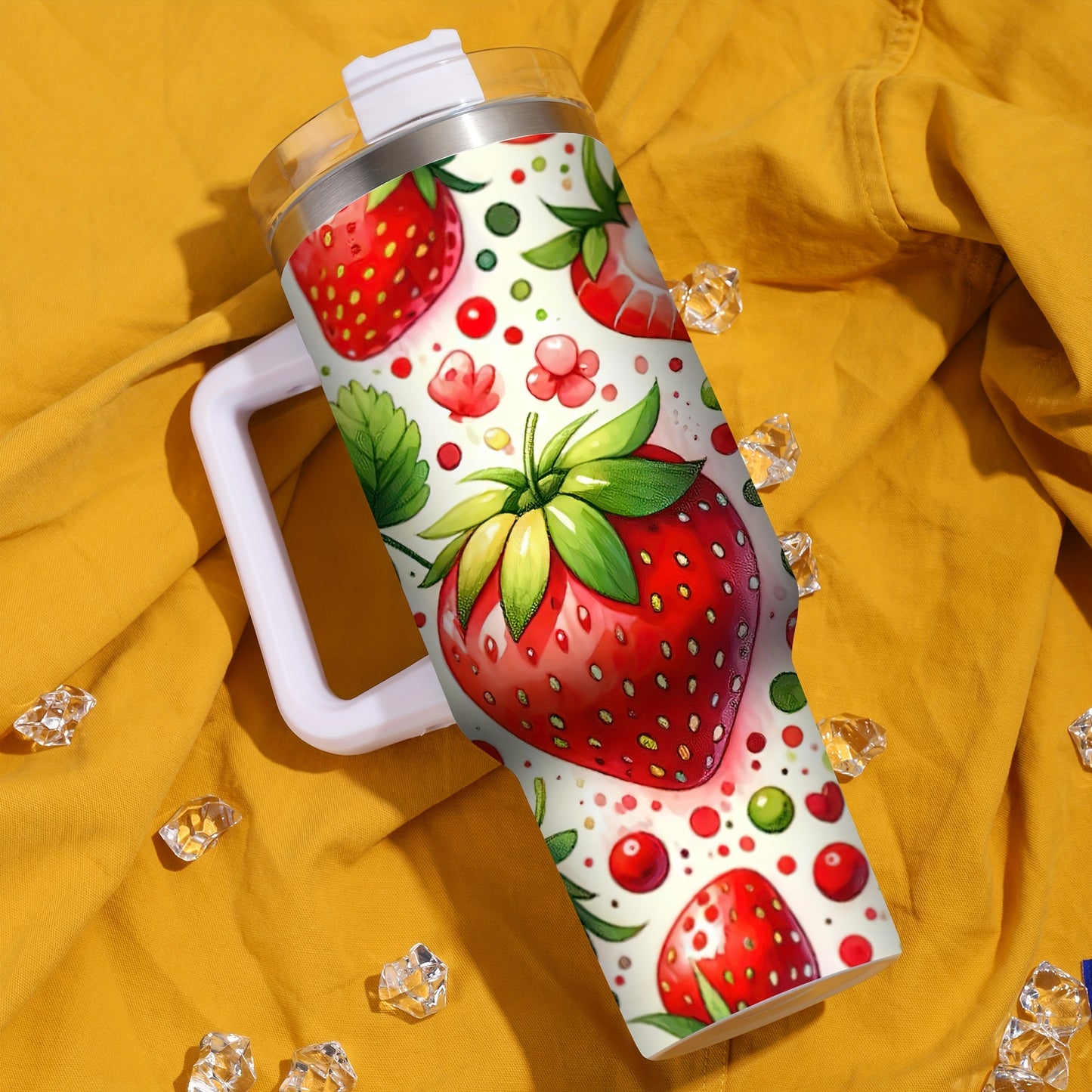 40oz Stainless Steel Tumbler with Handle - Christmas Strawberry Design, Insulated Reusable Cup for Hot/Cold Drinks, Holiday Gift